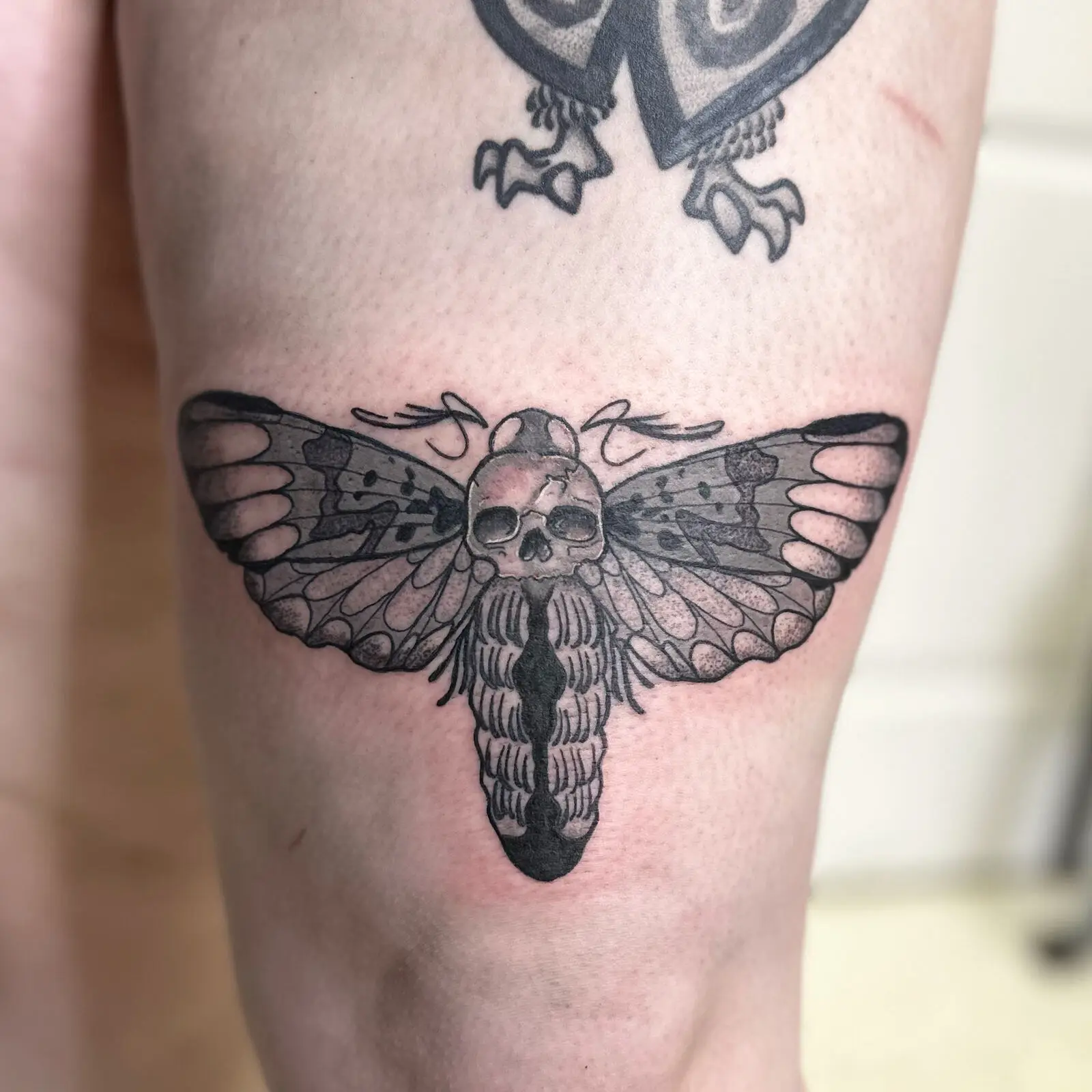 Black and grey death's-head hawk moth with skull thigh tattoo, dotwork shading