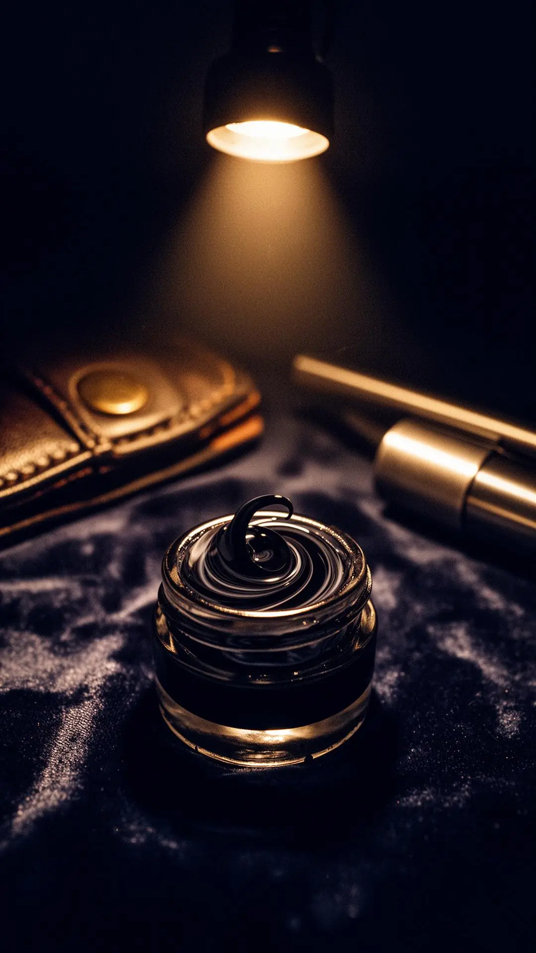 Black tattoo ink in a glass cap beneath a single warm spotlight