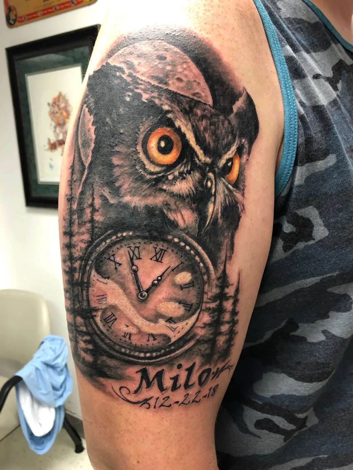 Color realism great horned owl with moon and pocket watch memorial tattoo — Milo 12-22-18